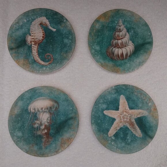 CoasterStone Set of 4 Drink Coasters Absorbent Seahorse Shell Beach Ocean Sea - Picture 1 of 11